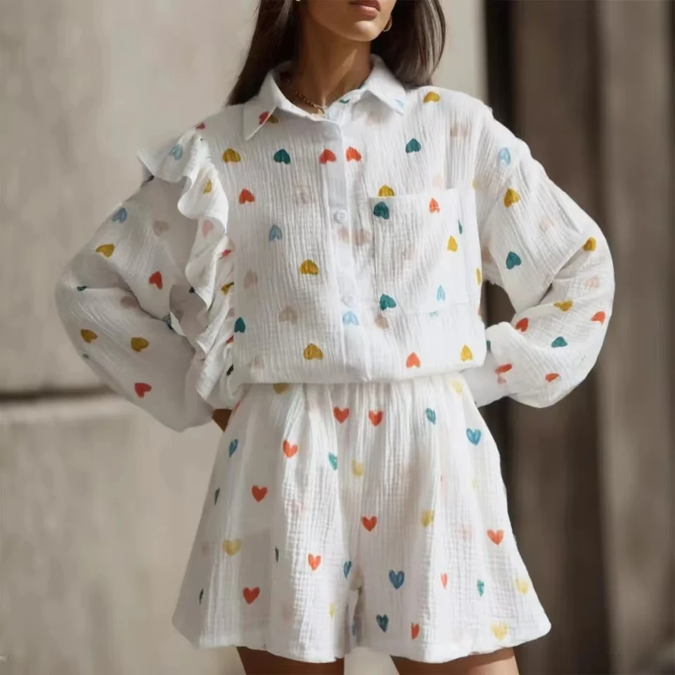 Summer Casual Home Wear Heart-shaped Printed Long-sleeved Tops Shorts Suit Women\'s Loose Lapel Shirt Women\'s Cotton Pajamas