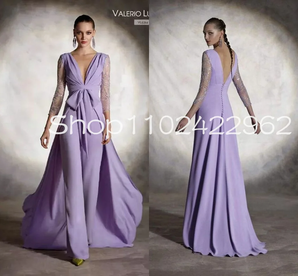 Lilac Lavender Long Sleeve Jumpsuit Mother of The Bride Dresses with Oveskirt Lace chiffon Godmother outfit pant suit