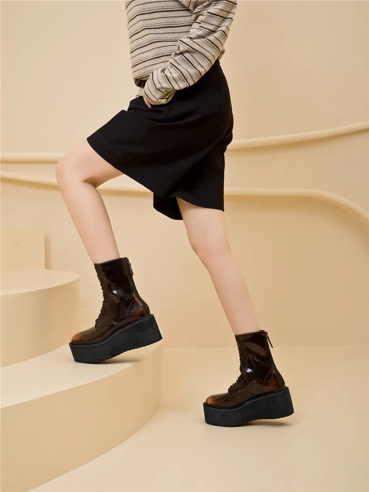 Damen-Stiefeletten und -Boots mit rutschfester, dicker Sohle für Herbst und Winter, Retro-Stiefel mit Erhöhung, Motorradstiefel für Damen – Detail 19