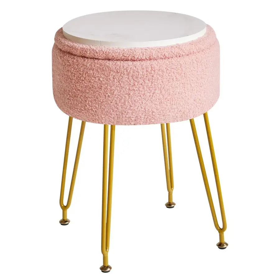 

Teddy Velvet Storage Footrest Stool Ottoman, Makeup Vanity Stool Side Table with Removable Cover, Golden Steel Legs, Coffee Tab