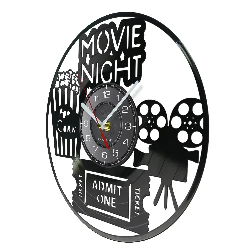 Movie Night Inspired Vinyl Record Wall Clock Home Cinema Pop Corn Movie Theater Sign Laser Cut Music Album Disk Crafts Clock