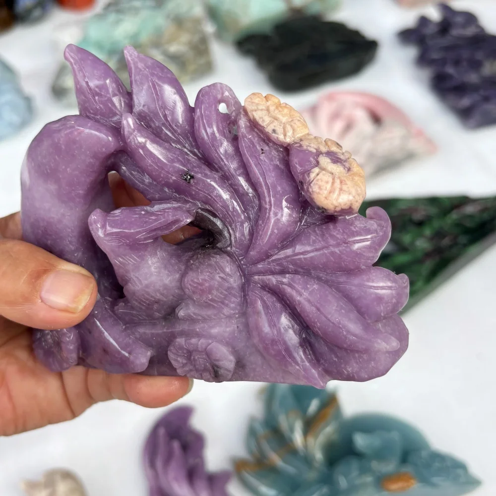 Natural Crystal Raw Stone Purple Mica Quartz Nine Tails Fox Moon Carving Reiki Healing Gothic Flower Table Ornament Gift