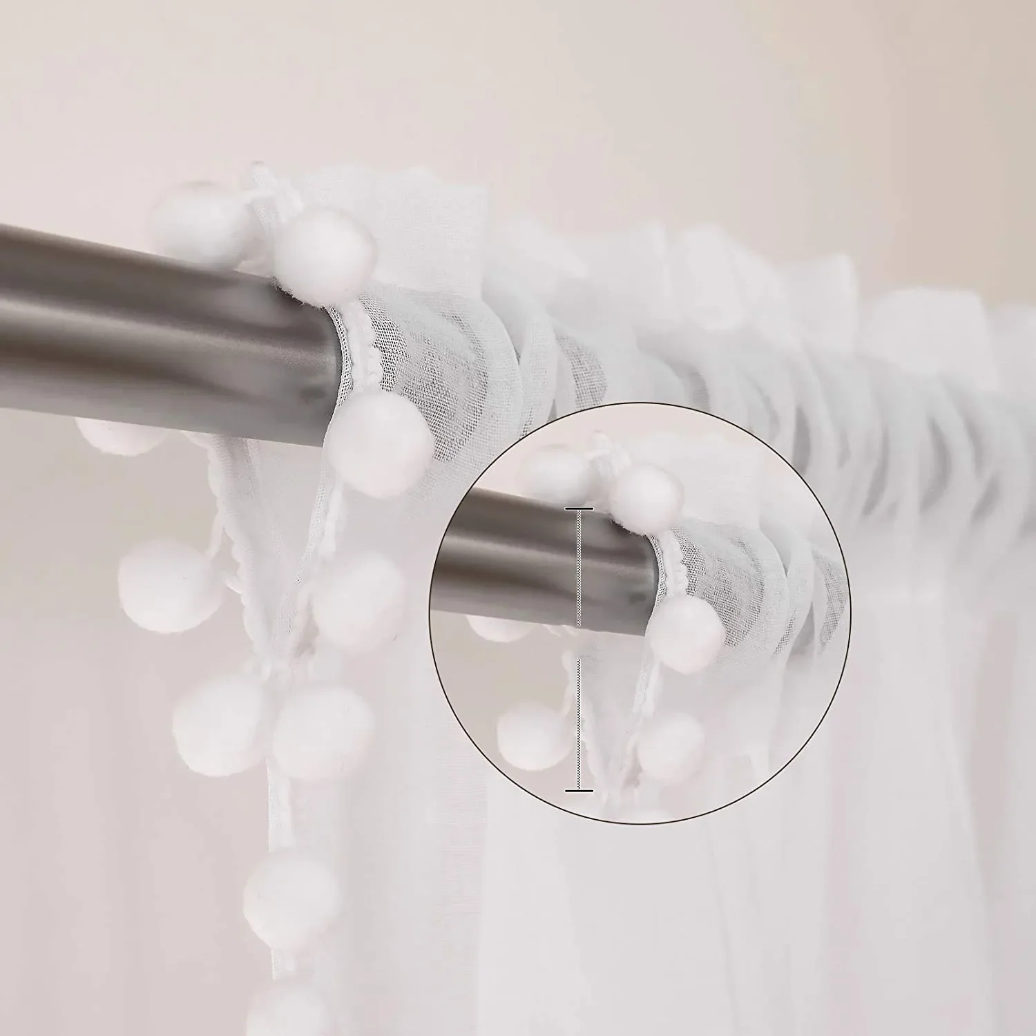White Pom Pom Tasseled Sheer Curtains for Bedroom Farmhouse Faux Linen Semi-Voile Transparent Bay Window Drapes Panel