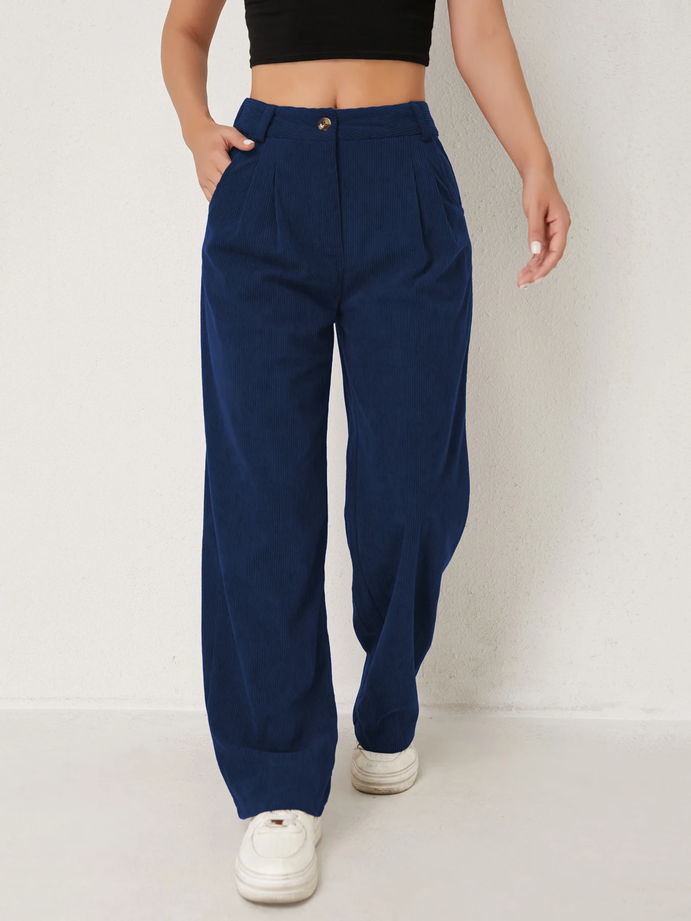Women's new autumn and winter solid color corduroy casual suit wide-leg pants plus velvet straight pants to look slim