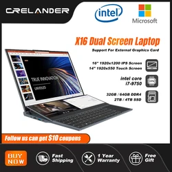 CRELANDER X16 Double Screen Laptops 16 Inch + 14 Inch Touch Screen intel core i7-9750 Windows 11 Portable PC Notebook Computer