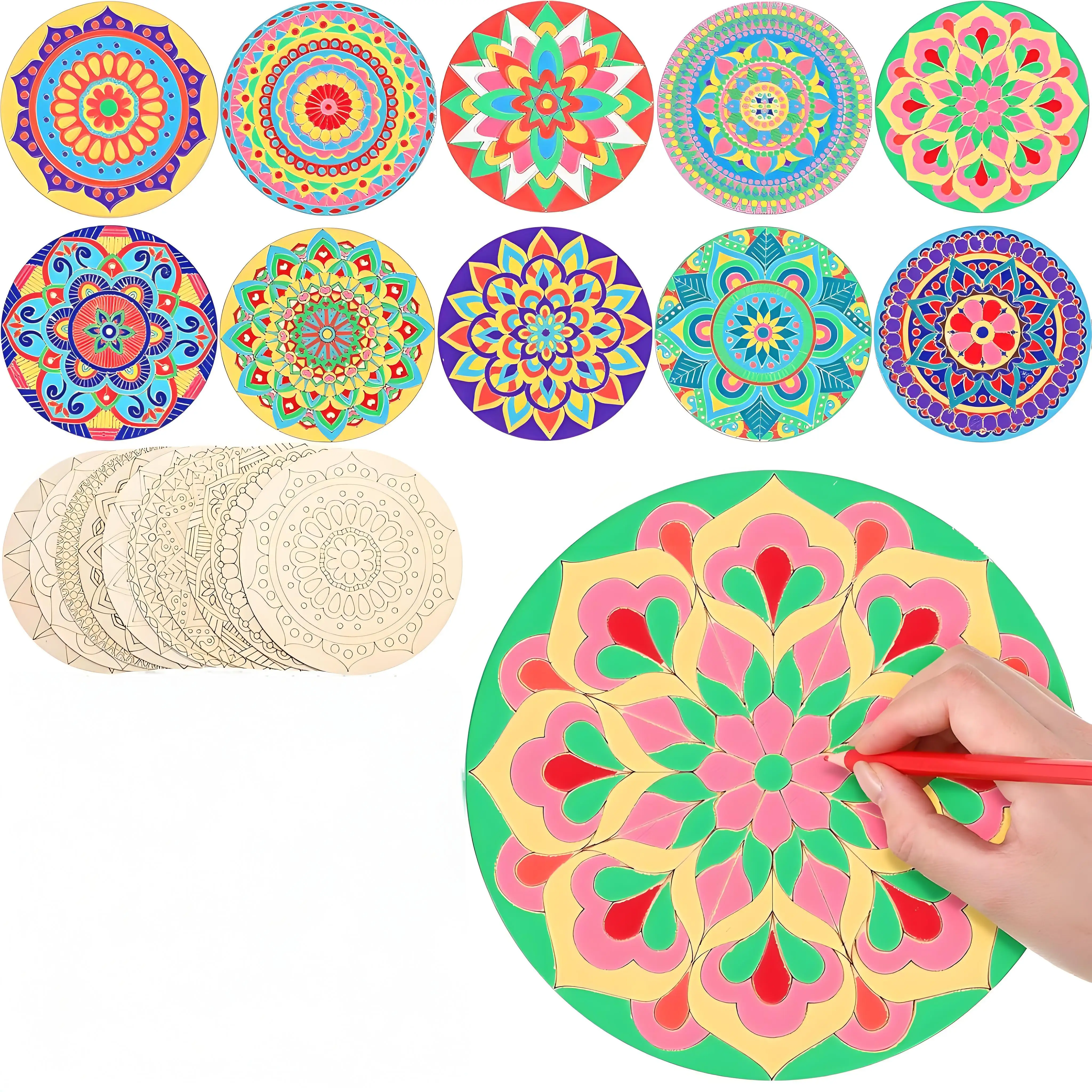 Mandala-Gemälde aus Holz, 10 unlackierte Holzausschnitte mit zum Herstellen von Kit, Mandala-Bastelarbeiten zum Malen, Basteln, Heimdekorationen