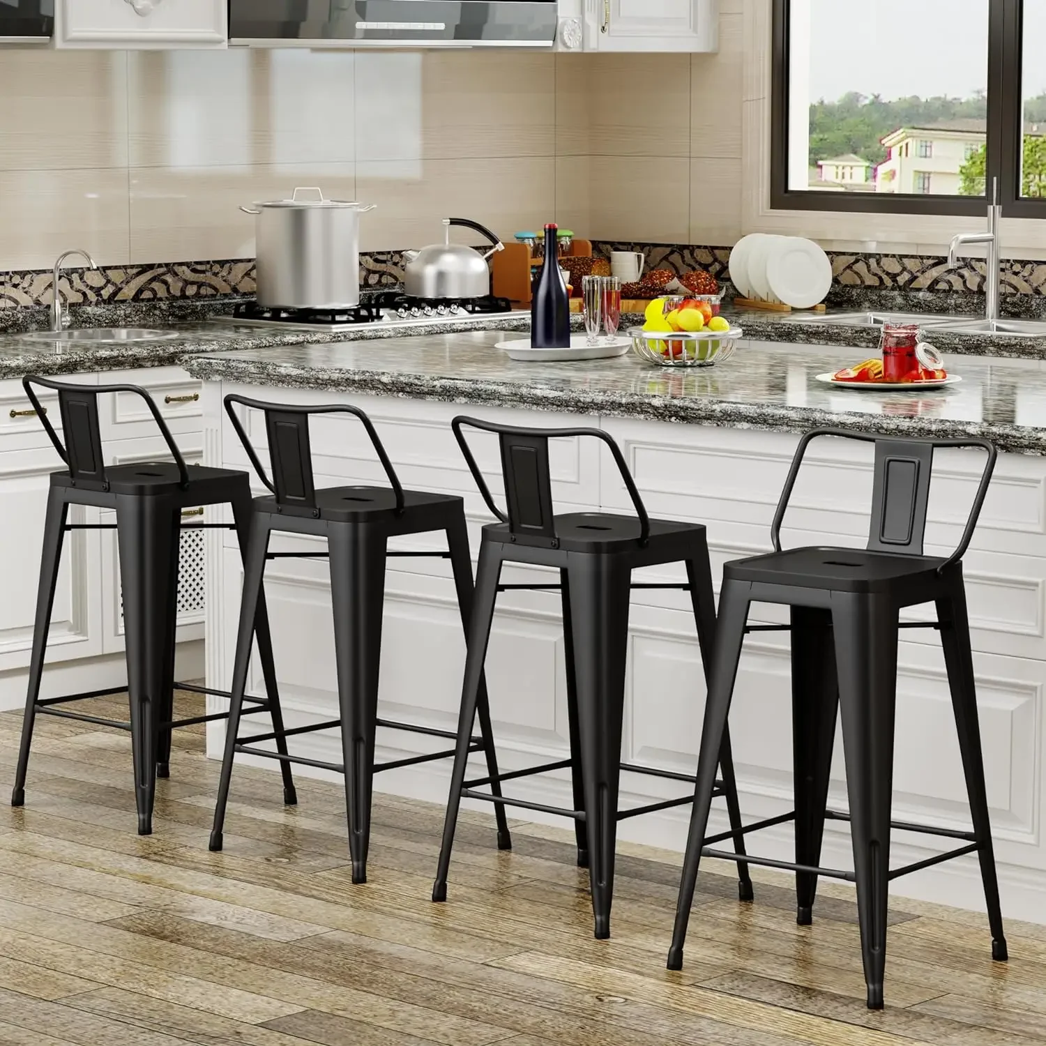 Modern metal bar stool set of 4 pieces, with backrest suitable for indoor counters, kitchen-30 inches