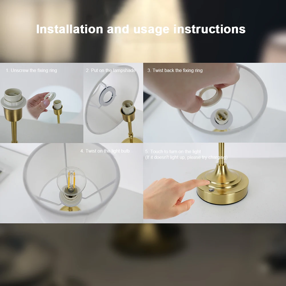 

Cordless LED Metal Table Lamp USB Rechargeable Touch Control Fabric Shade Ambient Light 2200K Warm Light for Bedroom Bar Balcony