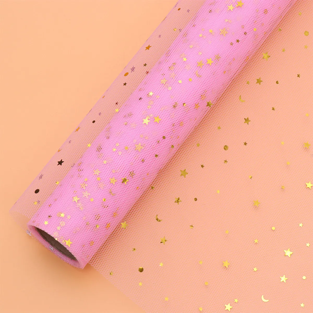 

Красивая рулонная ткань из органзы с розовыми звездами и лунами для флористики, упаковки подарков, украшения букетов, свадеб, дней рождения, детских праздников