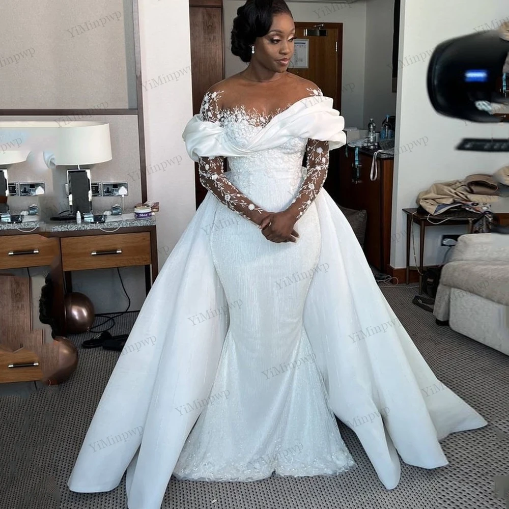 

Customized Luxury Satin Wedding Dress 2 in 1 Heavy Beading Mermaid O-Neck Full Sleeve Applique Wedding Dresses Detachable Train