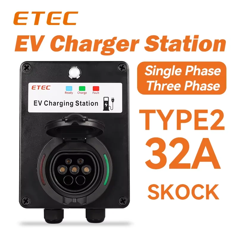 ETEC  Wallbox EV Charger Wall Type2 32A 22kw/7kw Single/Three Phase Mount Charging Station Socket RCMU RFID