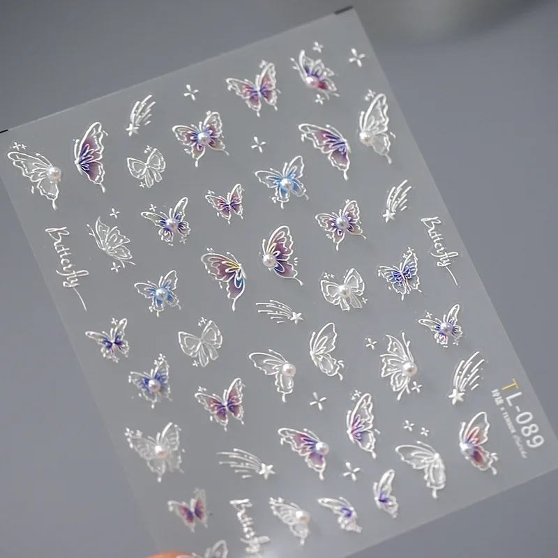 Vintage White Purple Butterfly With Pearl 5D Nail Art Design Decoration Decals DIY Manicure High Quality