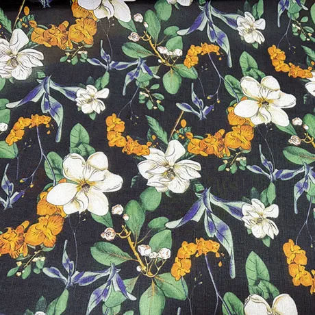 

2M/3m/5m Black background plant flower wide silk chiffon fabric mulberry silk clothing dress silk scarf breathable summer