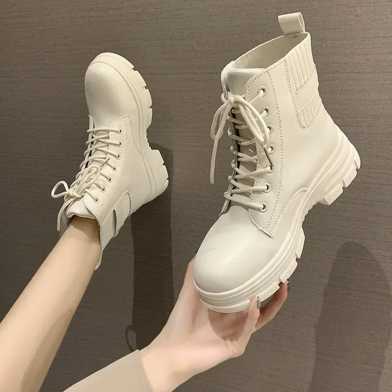 New Women White Ankle Boot PU Leather Thick Sole Lace Up Combat Booties Female Autumn Winter Platform Shoes Rubber Cowboy Boots