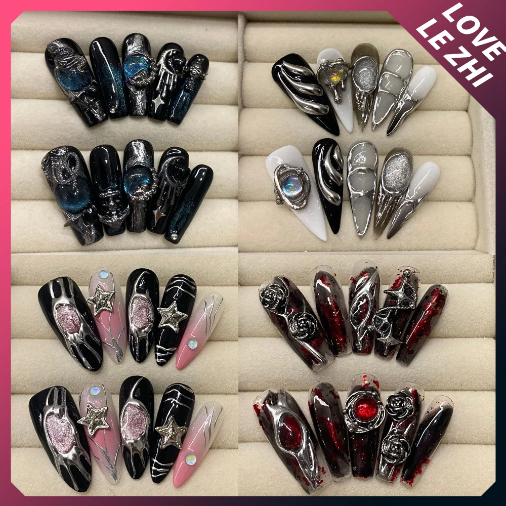 10Pcs Handmade Fake Nails Snake Rose Long Almond Wearable 3D Rhinestone Metal Eye Decor Stiletto False Nails Y2K Girl Gift