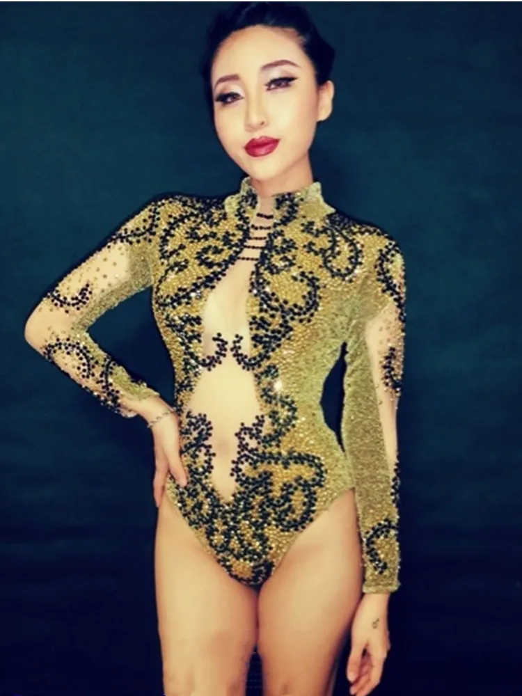 Frauen Tänzerin Sänger Team Sexy Transparent Trikot Gold Strass Engen Body Nachtclub Bühne Tragen DJ Leistung Kostüm