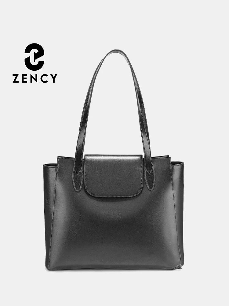 

Zency Premium Genuine Leather Black Simple Shoulder Bag Large Capacity Women Handbag Vintage Oil Wax Totes for 15inch Laptop