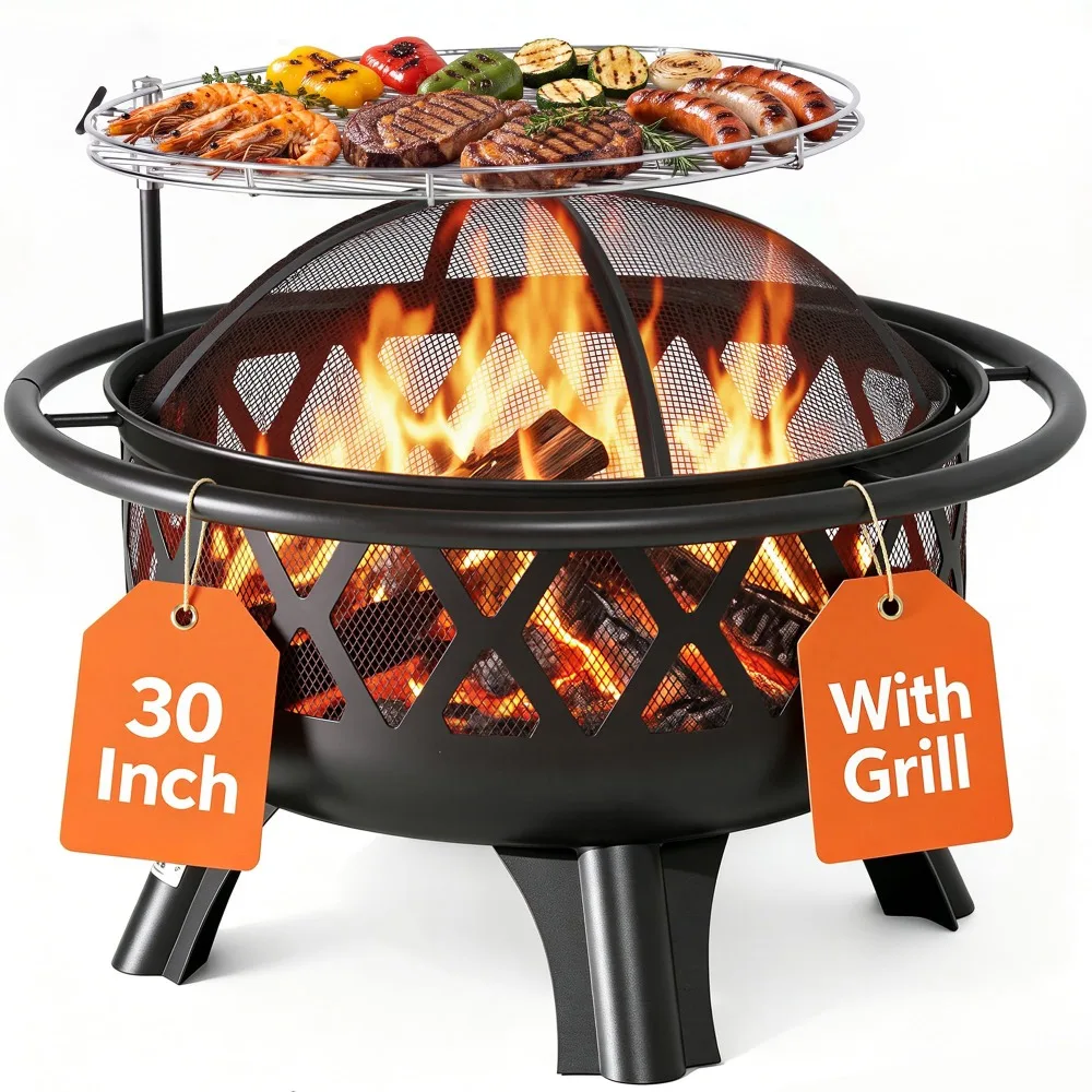 Outdoor Fire Pits for Outside Wood Burning Fire Pit for Wood | with Grill, Spark Screens