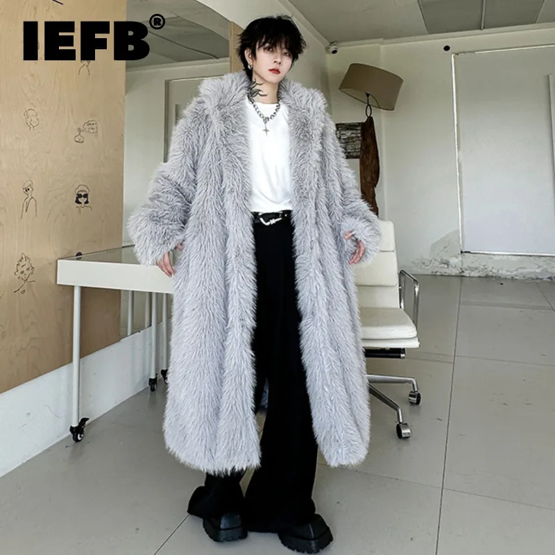 IEFB Trend Men's Thickened Mid Length Faux Fur Coat Loose Oversize Winter Fashionable Woolen Windbreaker Over Kenee New 9C3168