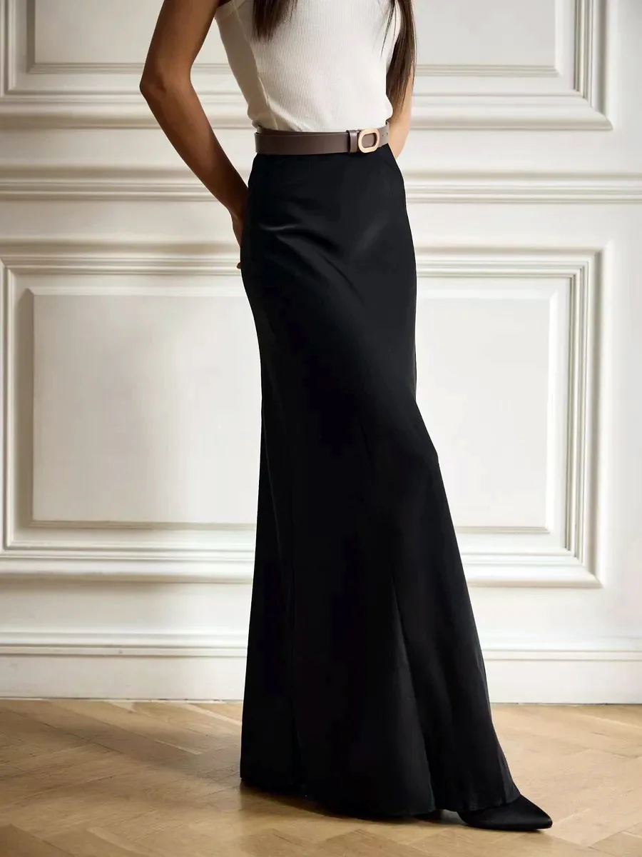 Bornladies Lässiger Satinrock für Damen, Frühling-Sommer-Mode, lockerer Maxirock mit hoher Taille, eleganter, einfacher Seiden-Fishtail-Rock – Detail 8