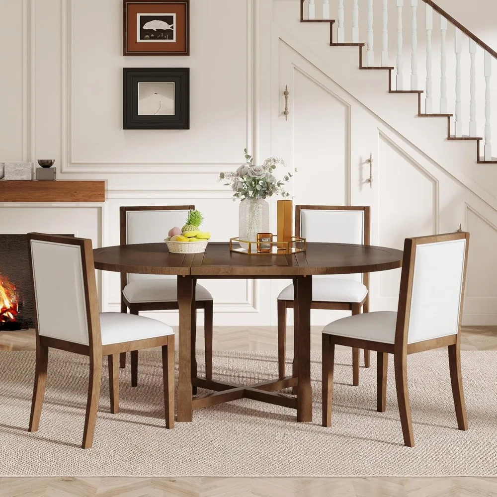 

5-Piece Round Extendable Dining Table Set, Dining Room Set Round for 4, Farmhouse Kitchen Set with 4 Upholstered Chairs