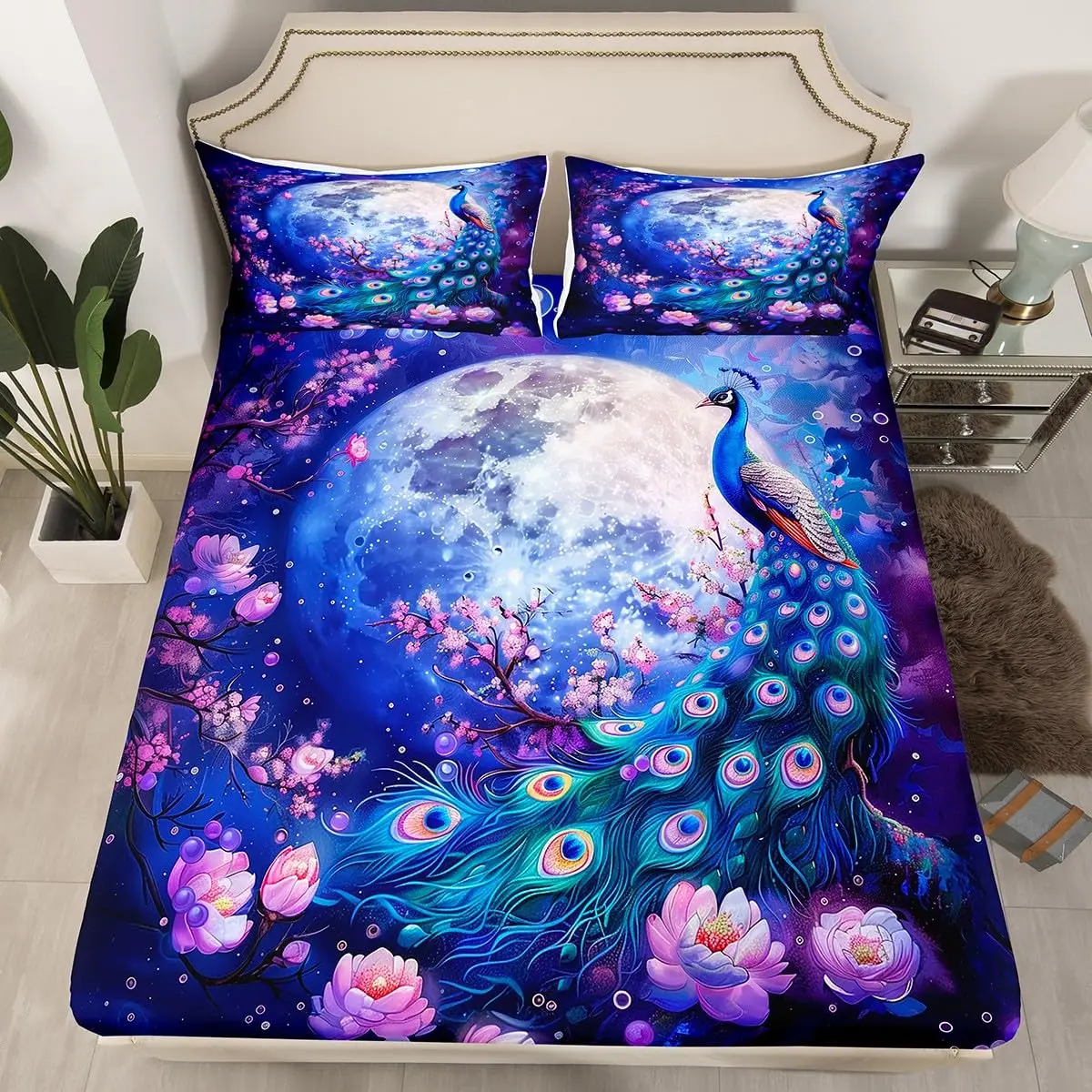 Peacock Fitted Sheet Twin King Size Blossom Flower Bedding Set Exotic Wild Animal Sheet Set,Nature Botanical Wildlife Bed Sheet