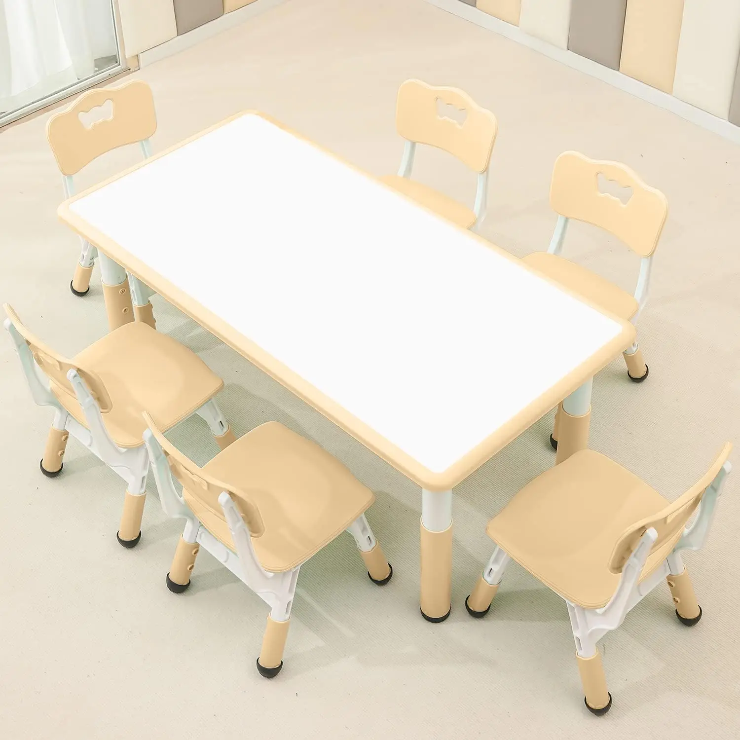 Children's Table and Chair Set Suitable Height Adjustable Table top Can be Painted with 6 Seats Suitable for Family Learning