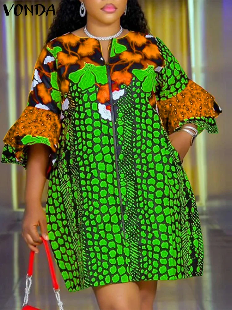 Plus Size 5XL VONDA Abito bohemien da donna 2025 Abito corto stampato vintage Manica svasata Vestito estivo da festa Casual Vestido Robe Femme