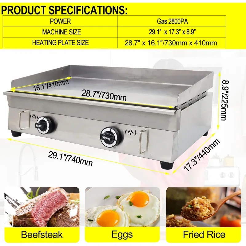 TECHTONGDA LPG Gas Countertop Flat Top Griddle Commercial Stainless Steel Griddle Grill Hot Plate BBQ Teppanyaki Grill