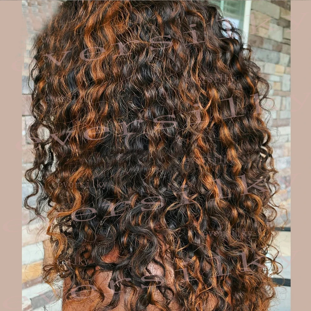 Highlight Chestnut Auburn Brown Bouncy Curly V Part 100% Human Hair Wigs Side/Middle Kinky Curl U Shape Wig Full Machine End