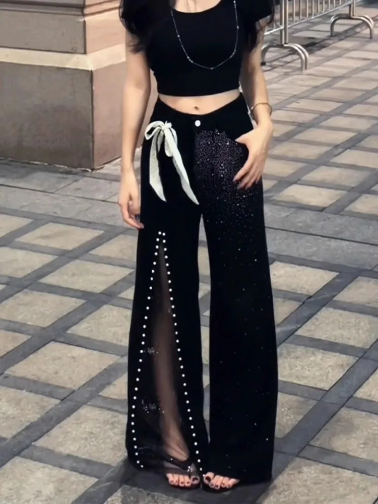Korean Style Fashion Lace Patchwork Diamond Shiny Women Jeans Loose Fit High Street Straight Full Length Wide Leg Denim Trousers