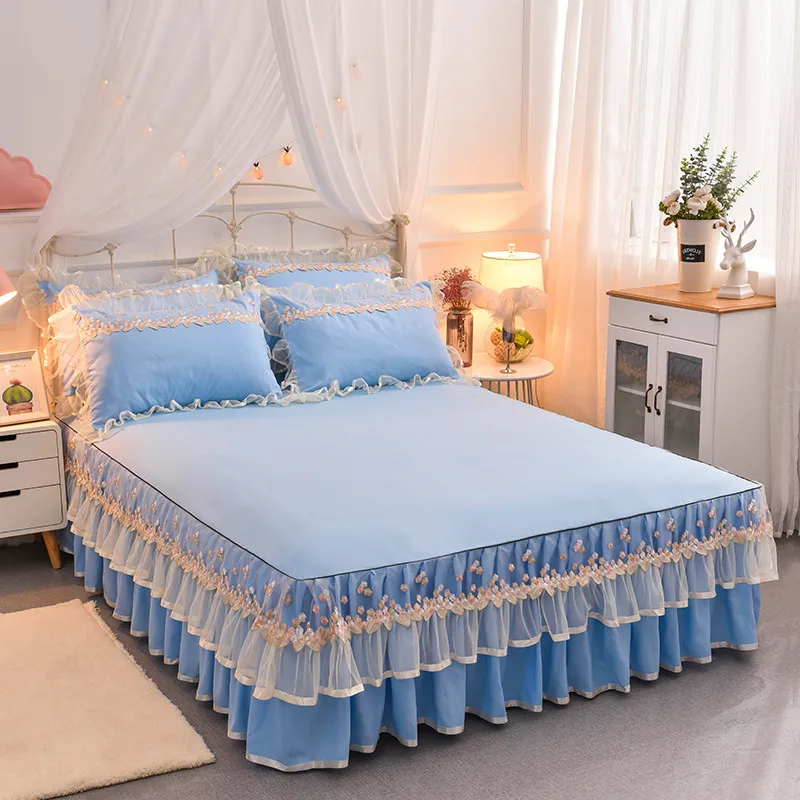 

Blue Lace Princess Bedspread Bed Skirt Pillowcases Korean Solid Color Bed Fitted Sheet Twin Queen King Size Mattress Cover