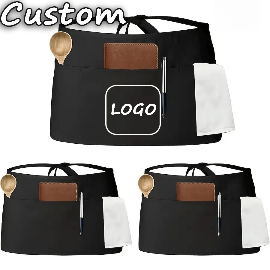 Personalized Custom Logo Waist Apron Short Half Apron with Pockets Tie Back for Waiter Waitress Cafe Hotel Restaurant Workwear