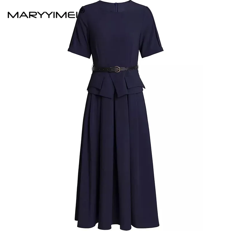 

MARYYIMEI Fashion Women's Dress Summer Short Sleeve Lace-Up Flounced Edge Commuter Office Work Solid Color Dresses