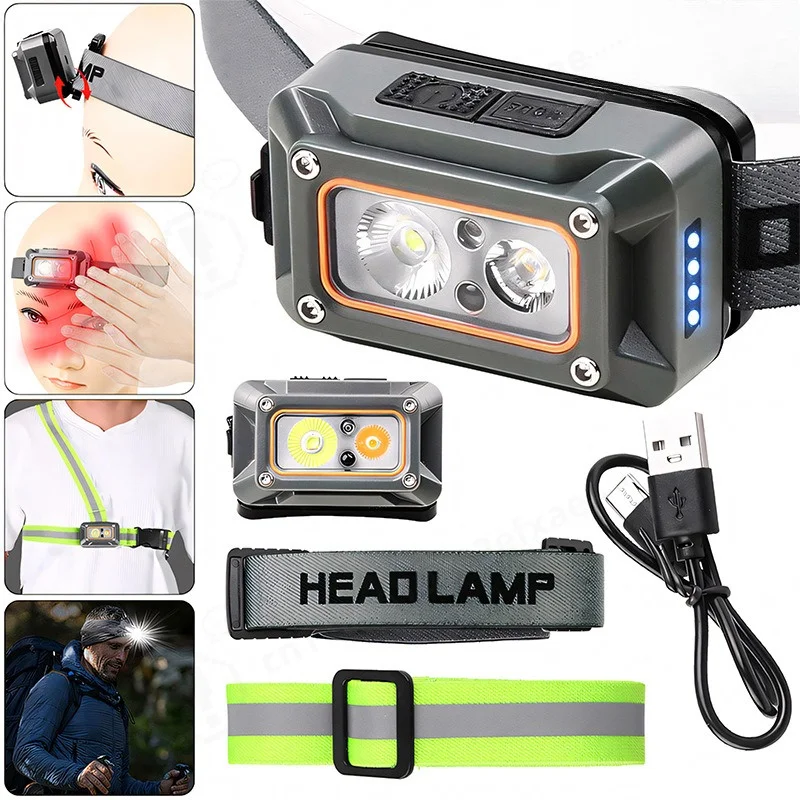 New LED Strong Light Sensor Headlamp USB Rechargeable Multi Light Chest Running Flashlight Multifunctional Headlight