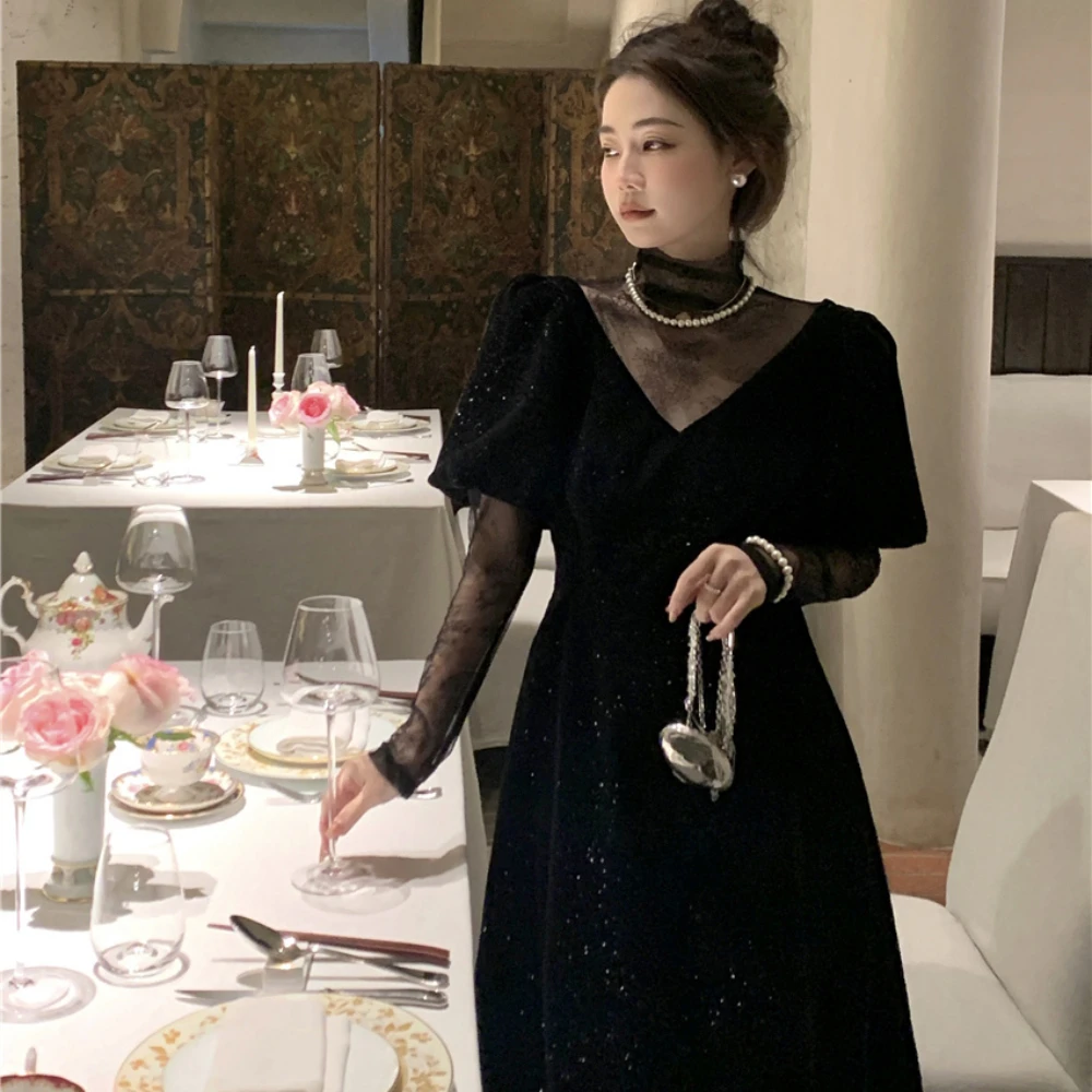 Black Temperament Lace Patchwork Dresses for Women Loose Long Sleeve Elegant Hepburn New Sweet A-line Party Streetwear Female