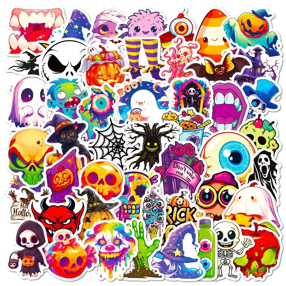 50pcs stiker Halloween, hantu kematian, lentera labu, stiker Graffiti kartun laptop DIY botol air ponsel, mainan anak