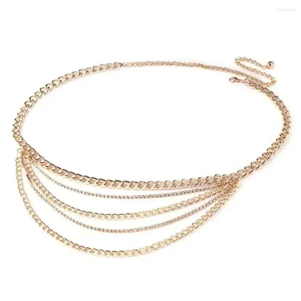 Fashion Metal Waist Chain Multi Layer Design Rhinestone Inlaid Body Chain Tassel Decor Punk Style Rhinestone Belt Party Wear