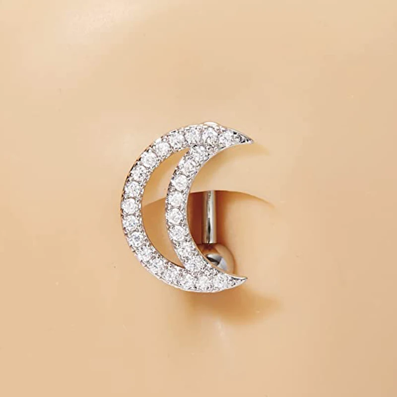 Zircon Moon-shaped Belly Button Ring Reversed Bar Curved Inverted Barbell Navel Piercing Nombril Stainless Steel Body Jewelry