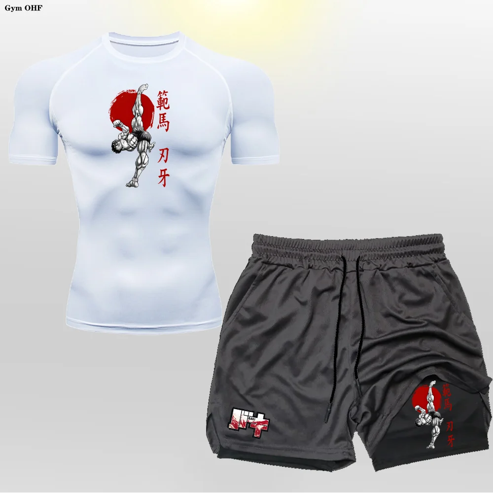 Heißes verkaufendes Sommer-T-Shirt + doppellagige Shorts für Herren-Freizeit-Fitness-Jogging-Sportbekleidung, atmungsaktives Kurzarm-Set