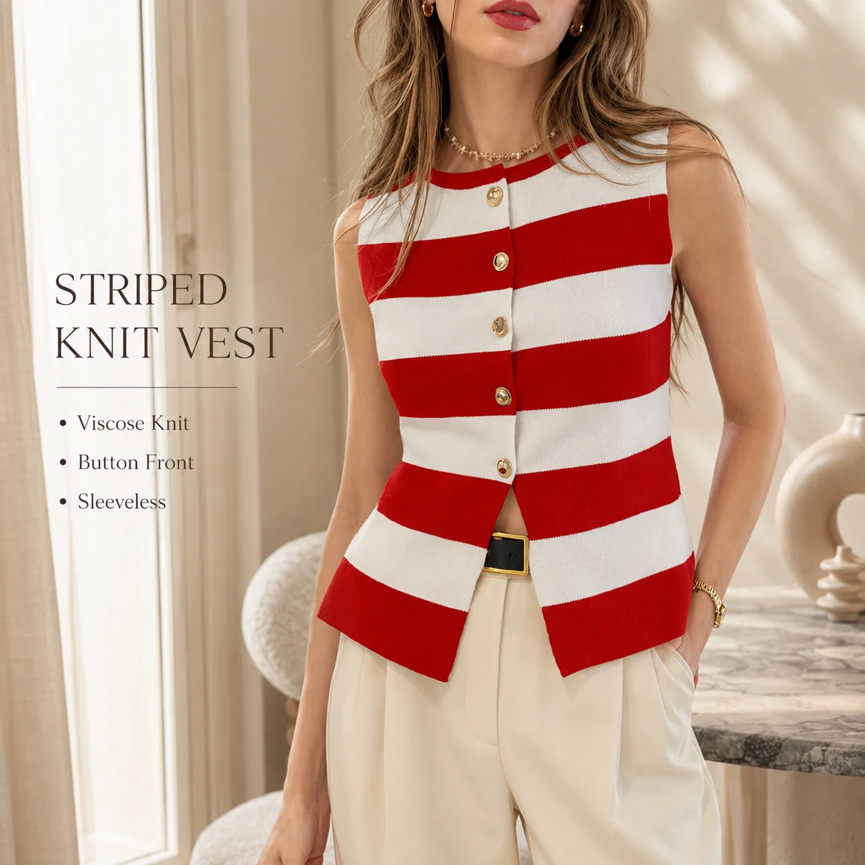 Women’s Striped Knit Vest Sleeveless Button Front Cardigan Viscose Crew Neck Summer Casual Top