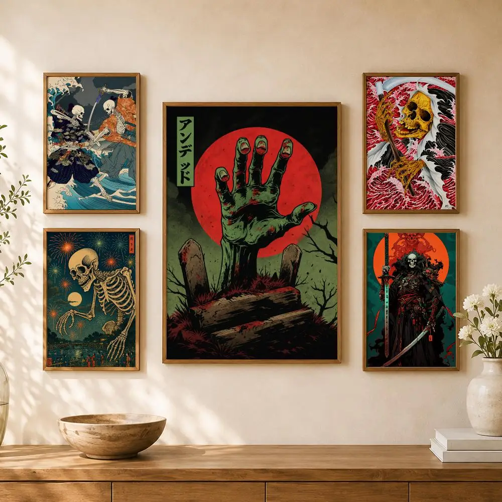 Japanese Skeleton Ukiyoe Dark Vintage Poster PP Self Adhesive Home Garage Dorm Bar Wall Decor Aesthetic Retro Gift