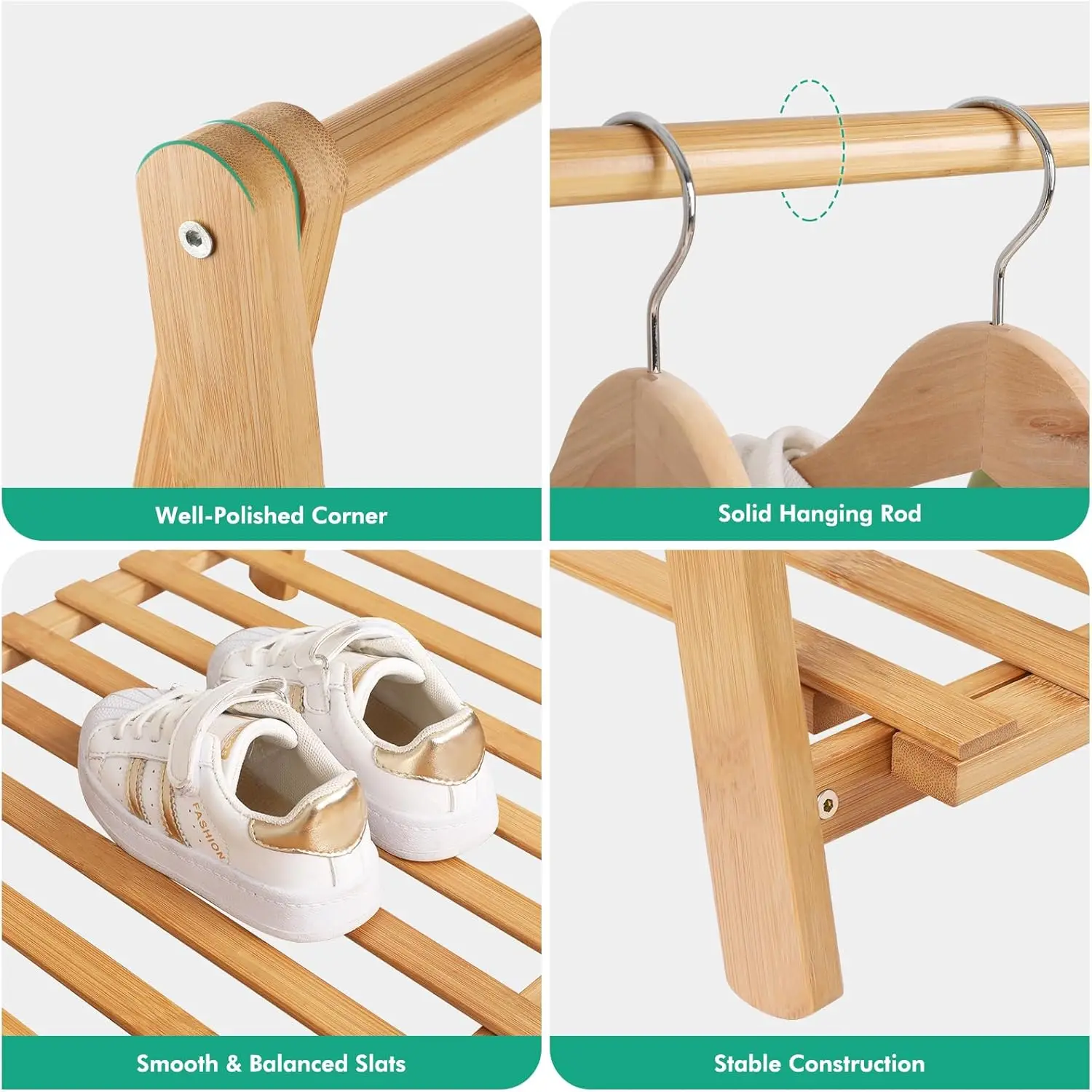 Kids Bamboo Clothes Rack with Shelf for Playroom, Bedroom Storage and Costume Organizer