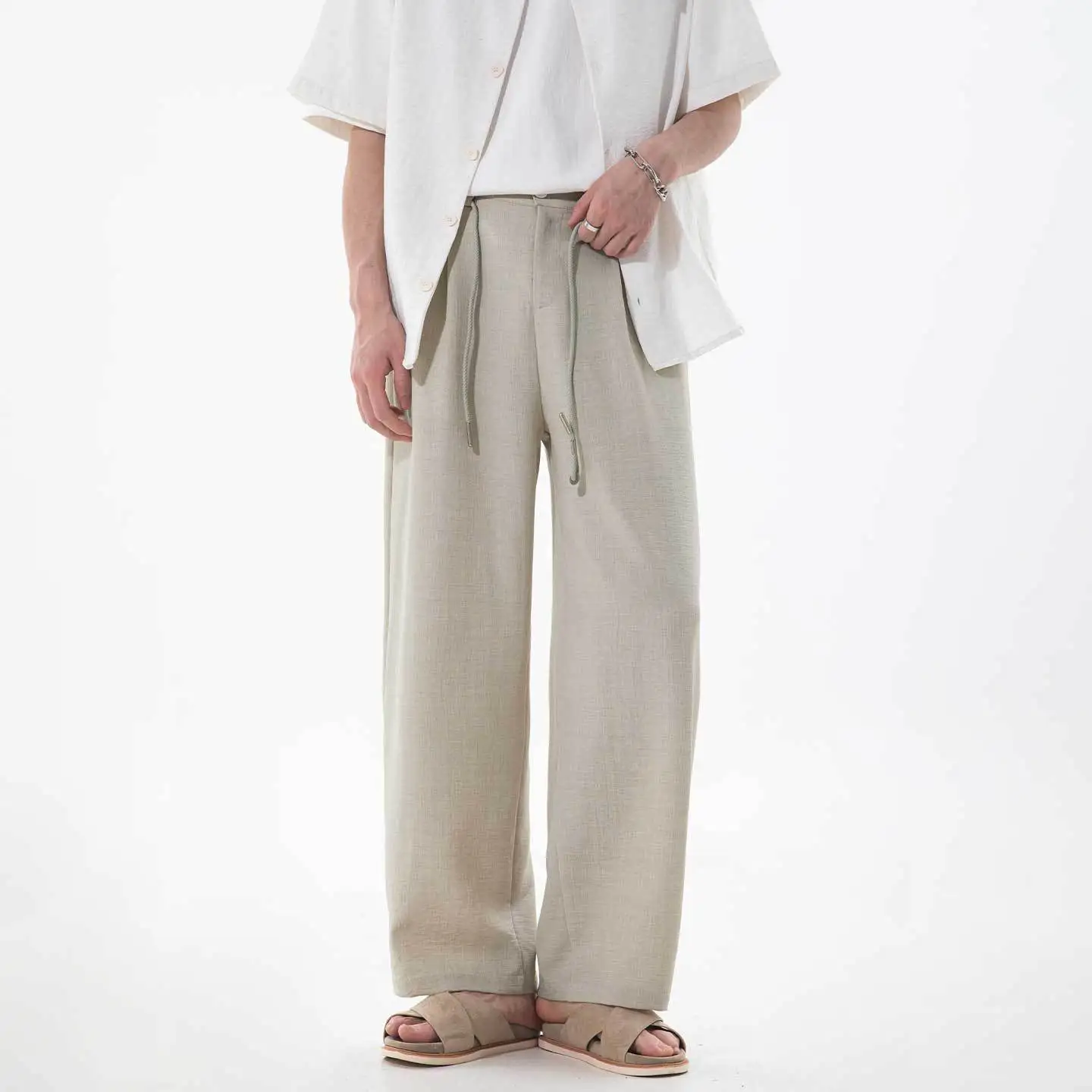 Imitation Linen Texture Nine-point Casual Pants Men's Spring and Summer Waist Rope Drape Breathable Relaxation Trousers
