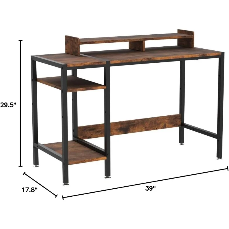 Computer Desk - 39” Gaming Desk, Home Office Desk with Storage, Small Desk with Monitor Stand, Rustic WritingDesk for 2 Monitors