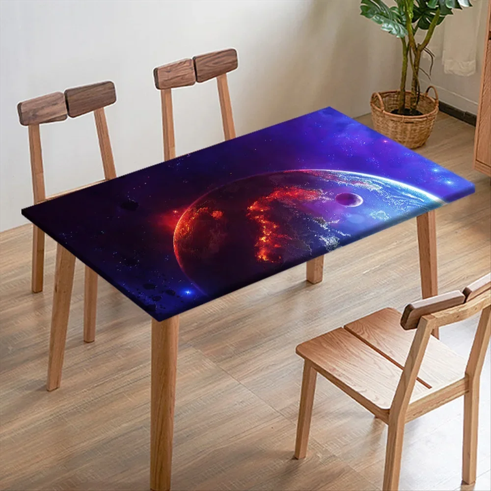 Customized Space Planet Printed Tablecloth with Elastic Band Waterproof Rectangle Table Cover for Kitchen Home Textiles