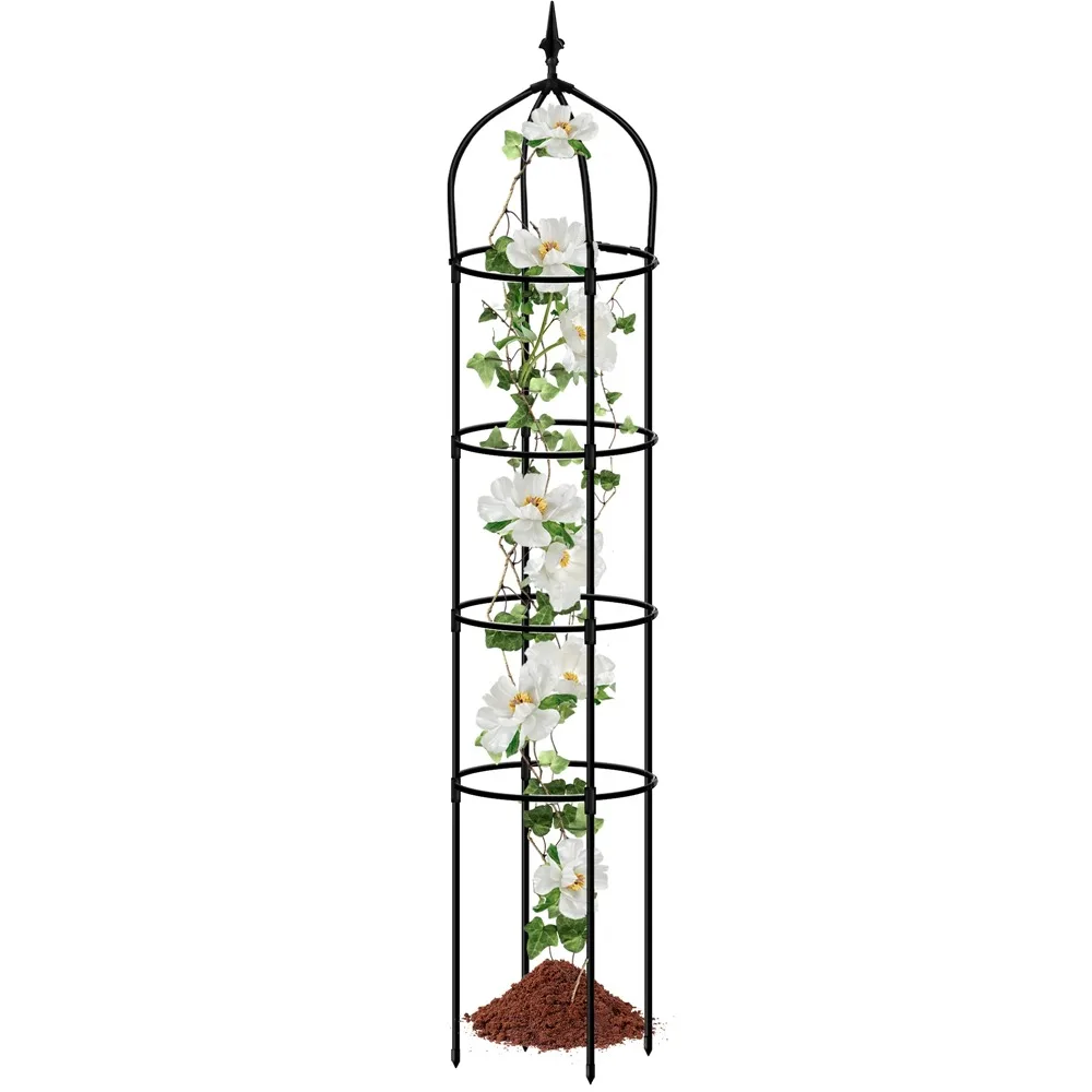

6.2ft Garden Obelisk Trellis,Lightweight Rustproof Plastic Coated Metal Tall Tower Trellis Stand,Black Plant Shelves
