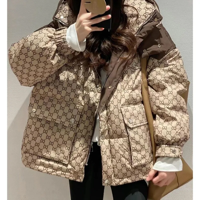 Luxury Brand Women Clothing Winter Super Hot Coat New Trendy Youthful Printed Cotton Padded Jacket Hooded Short Tops Puff Jacket