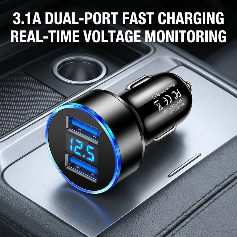 3.1A Fast Charging Dual USB Car Charger with LED Voltage Display Metal Snap Adapter Fits Auto Cigarette Lighter For iPhone 18 17