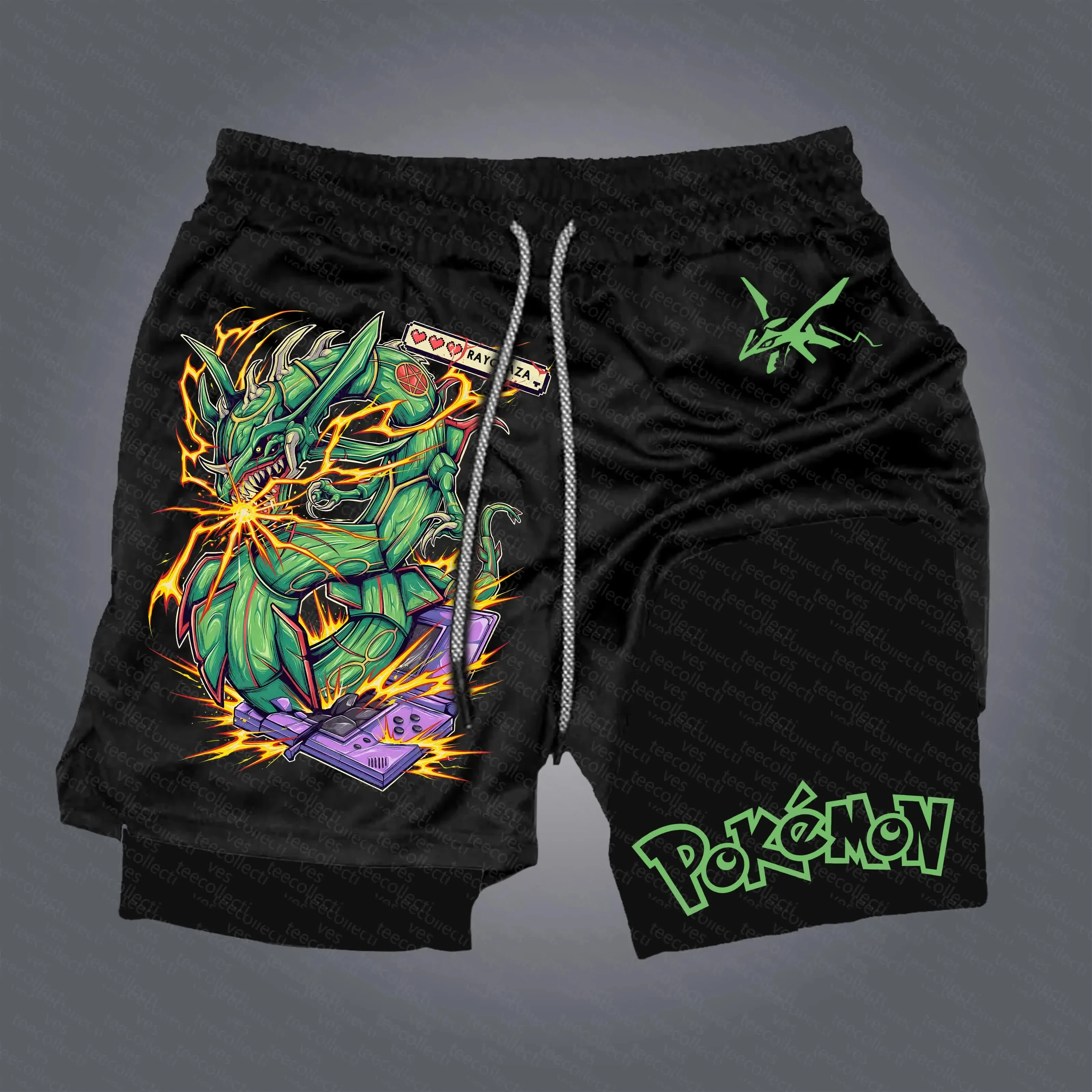 pokemon-rayquaza-shorts-masculino-algodao-calcas-esportivas-2025-verao-grafico-bottoms-base-preta-rayquaza-personagem-verde-cor-amarela